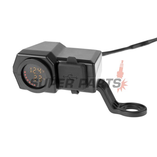 USB адаптер -4 RIDE- 12V, 2xUSB (Type C) + волтметър, с държач за огледало / кормило 22mm - универсален