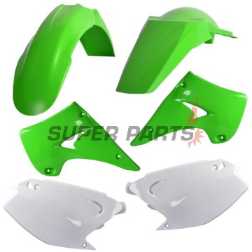Пластмаси комплект -POLISPORT- зелено/бяло, KAWASAKI KX 125/250 2003-2008