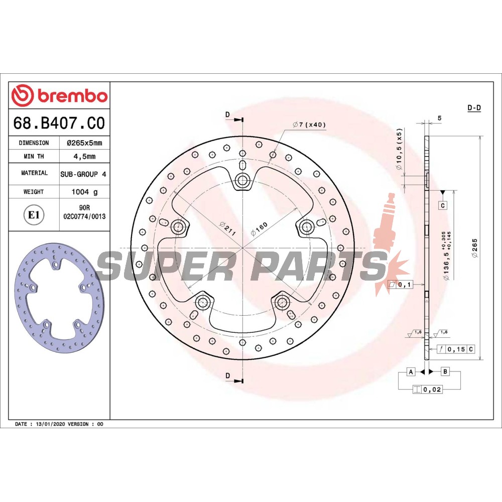 Спирачен диск -BREMBO- 68B407C0, BMW F 650-800 (2006-2013) / HP2 1200 (2007-2008) / K 1200-1300 (2005-2011) / R 1200 (2004-2012)