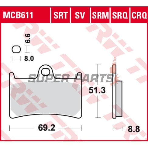 Накладки -TRW- MCB611, Yamaha R1/R6, MT-07/09/10, FZ1/FZ6/FZ8 Fazer, FJR1300, TDM900, XJR1300, T-Max 530, Super Tenere 1200