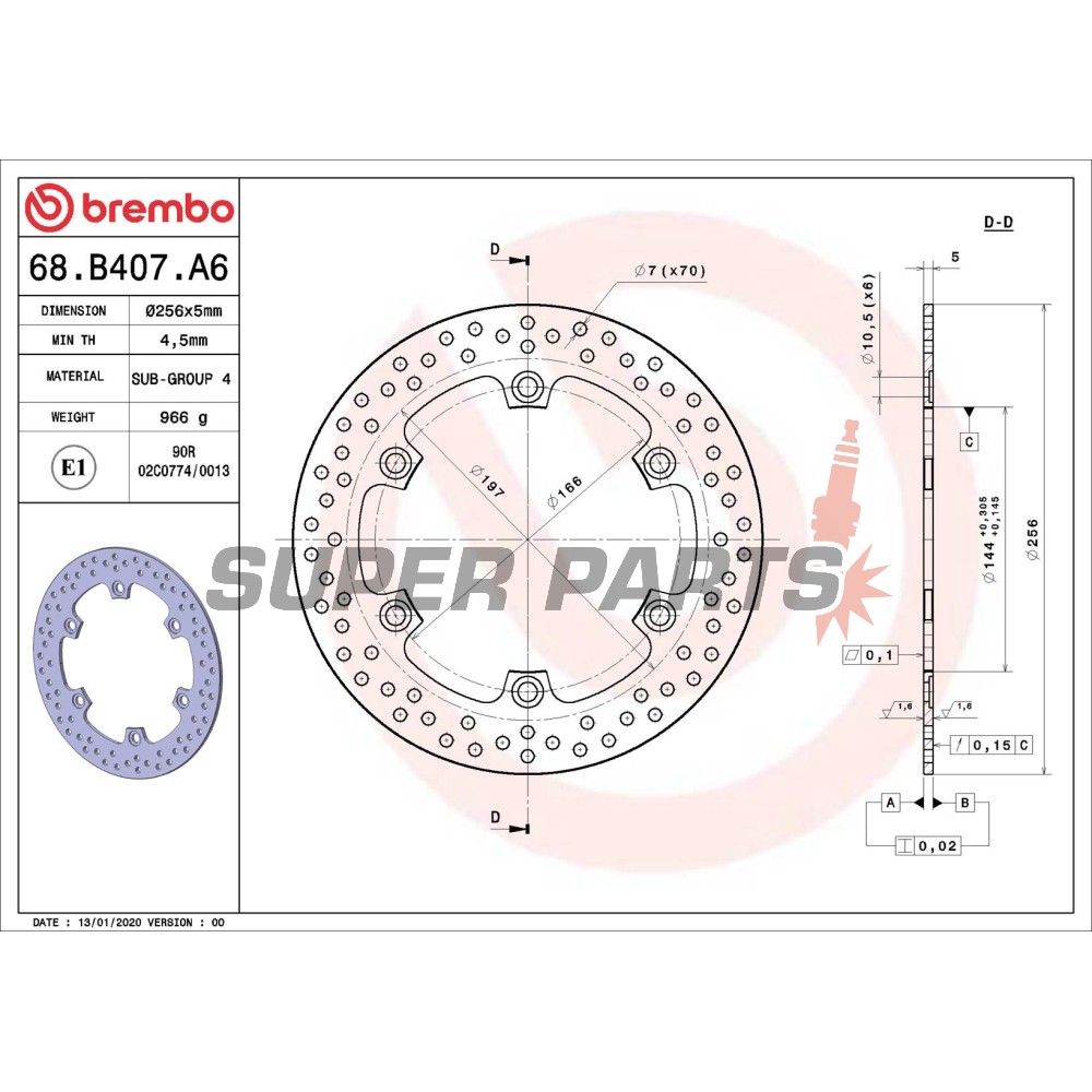 Спирачен диск -BREMBO- 68B407A6, Honda CB 1100 1300 / CBR 1000F 1100XX Blackbird / FJS Silver Wing 400 600 / SH 300 (1993-2009)