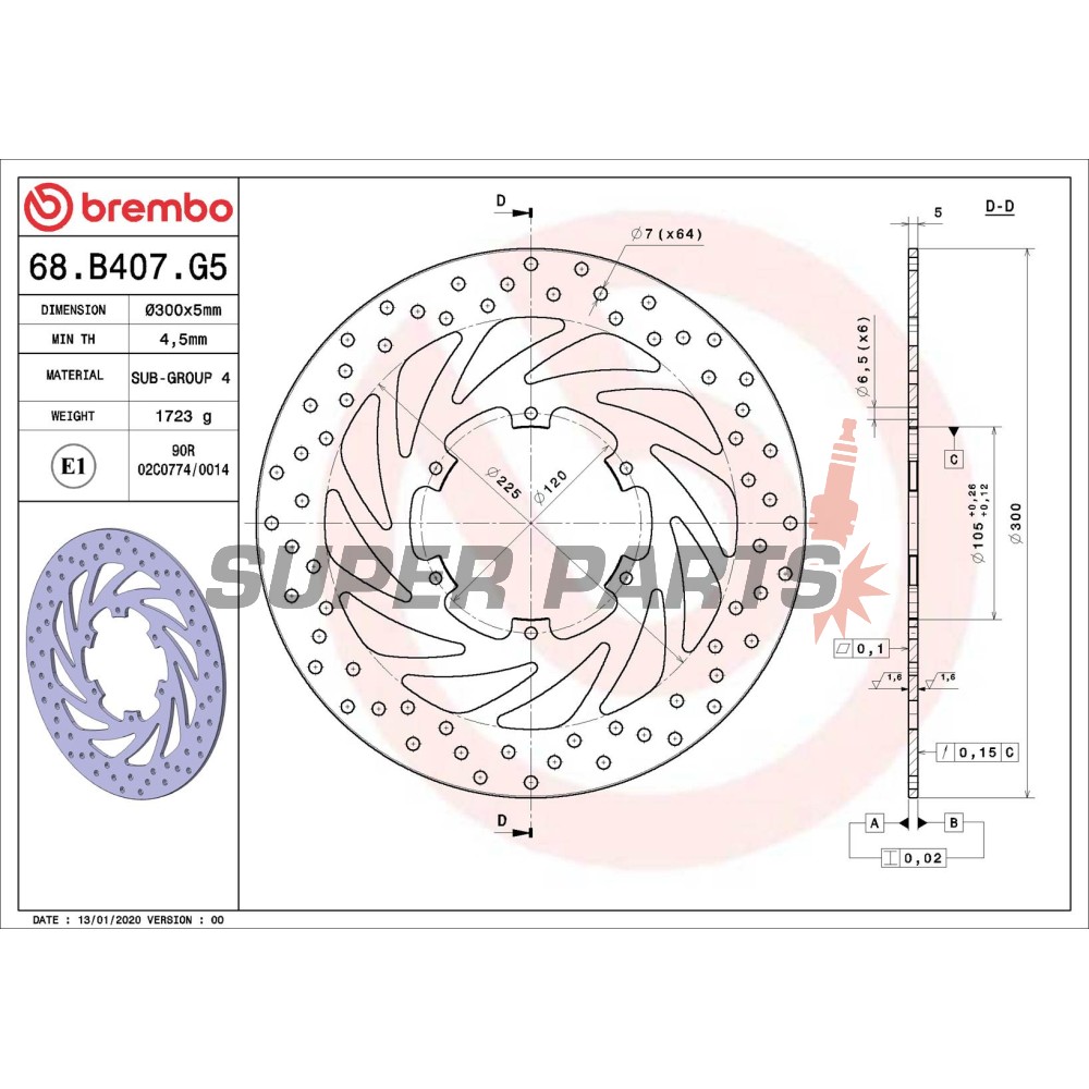 Спирачен диск -BREMBO- 68B407G5, Aprilia ETX350 / 600, Pegaso 125 / 600 / 650 / 650ie / Trail / Tuscany Tibet Raid; BMW F650ST / F650GS Dakar / F650CS Scarver / F700GS / F800GS, BMW G650GS / Sertao